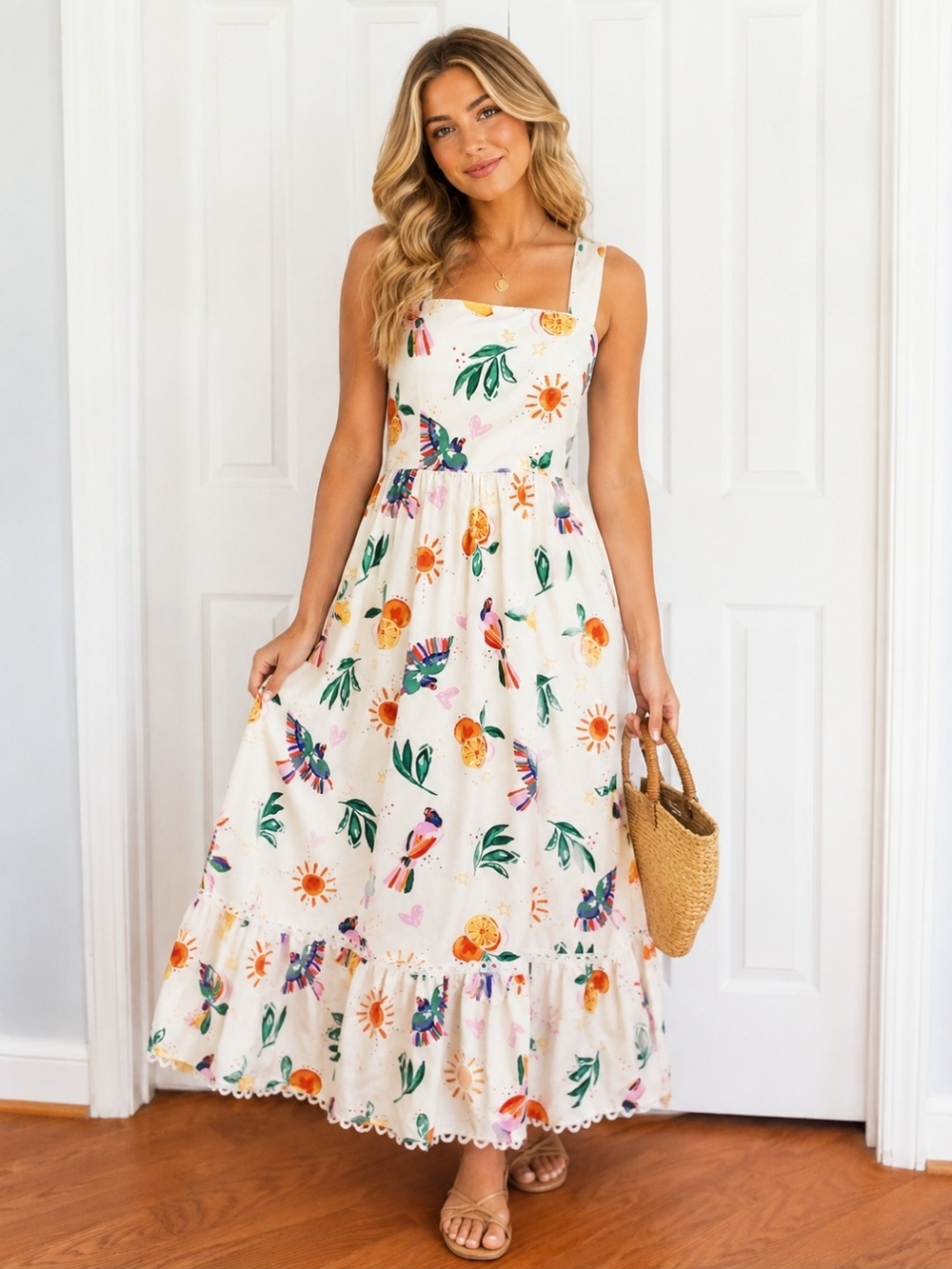 NWT Cotton Fate Tropical Bird Citrus Midi Maxi Dress Tie Back Medium